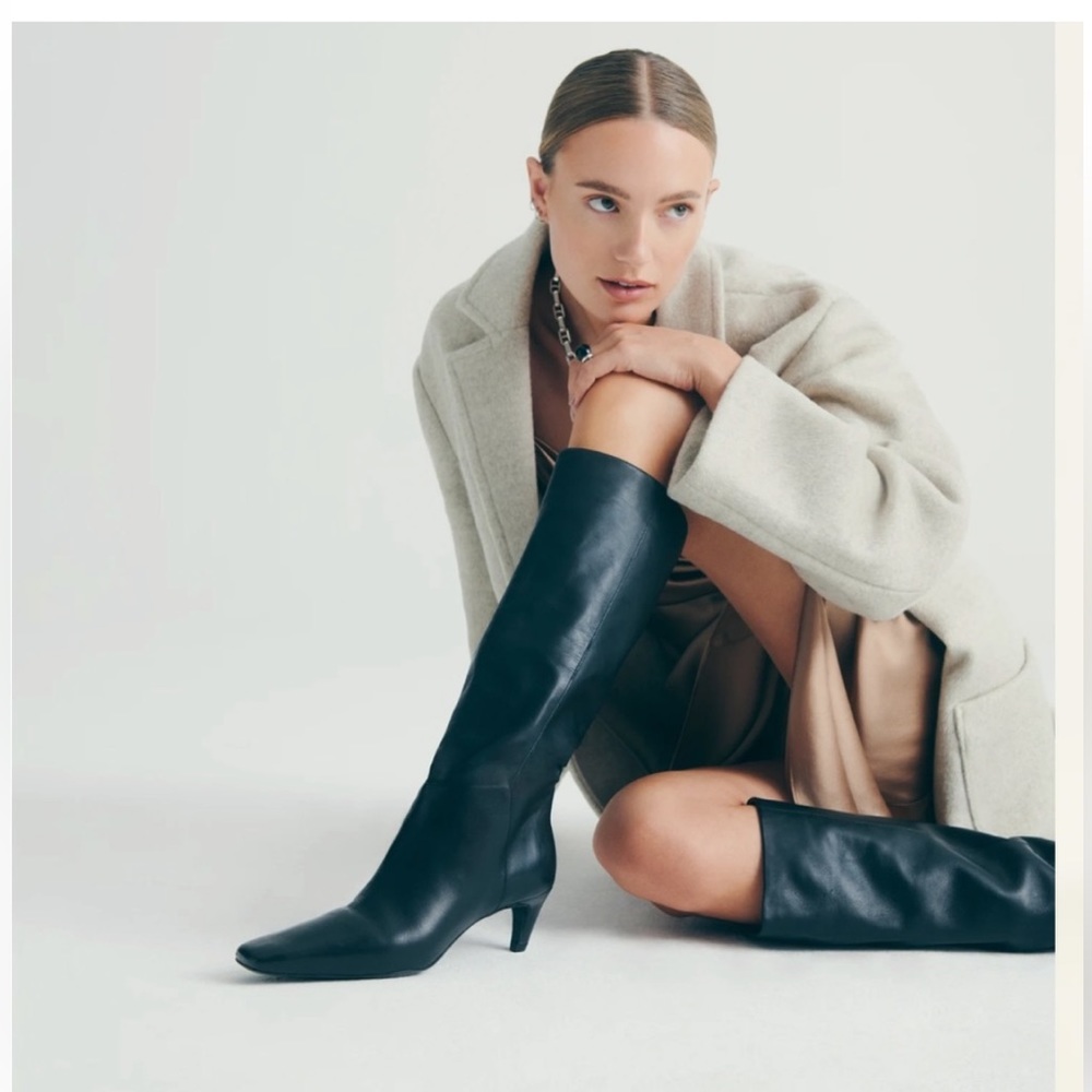 Reformation Black Knee-High Pointed-Toe Leather Boots